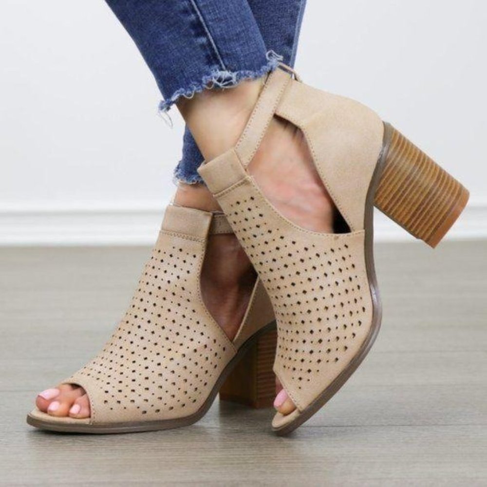 Perforated Taupe Peep-Toe Block Heel Booties - Picture 4 of 8
